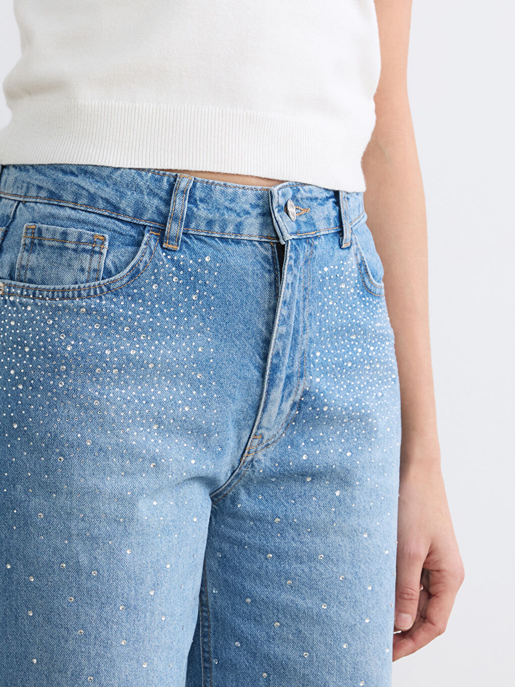 İndigo Wideleg Taşlı Kadın Jean Pantolon-5