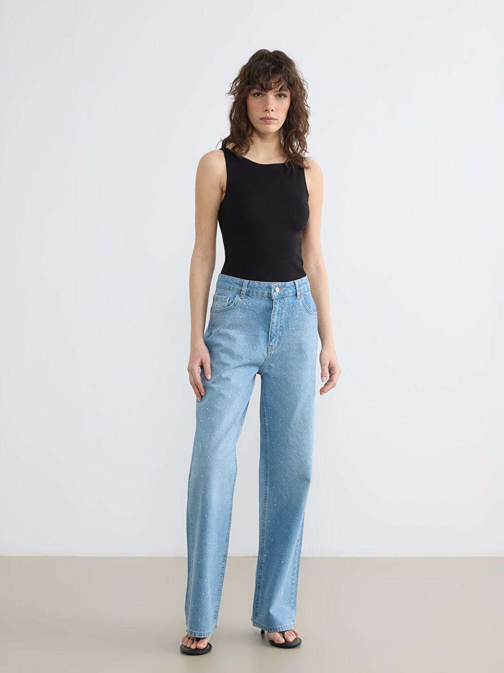 İndigo Wideleg Taşlı Kadın Jean Pantolon-1