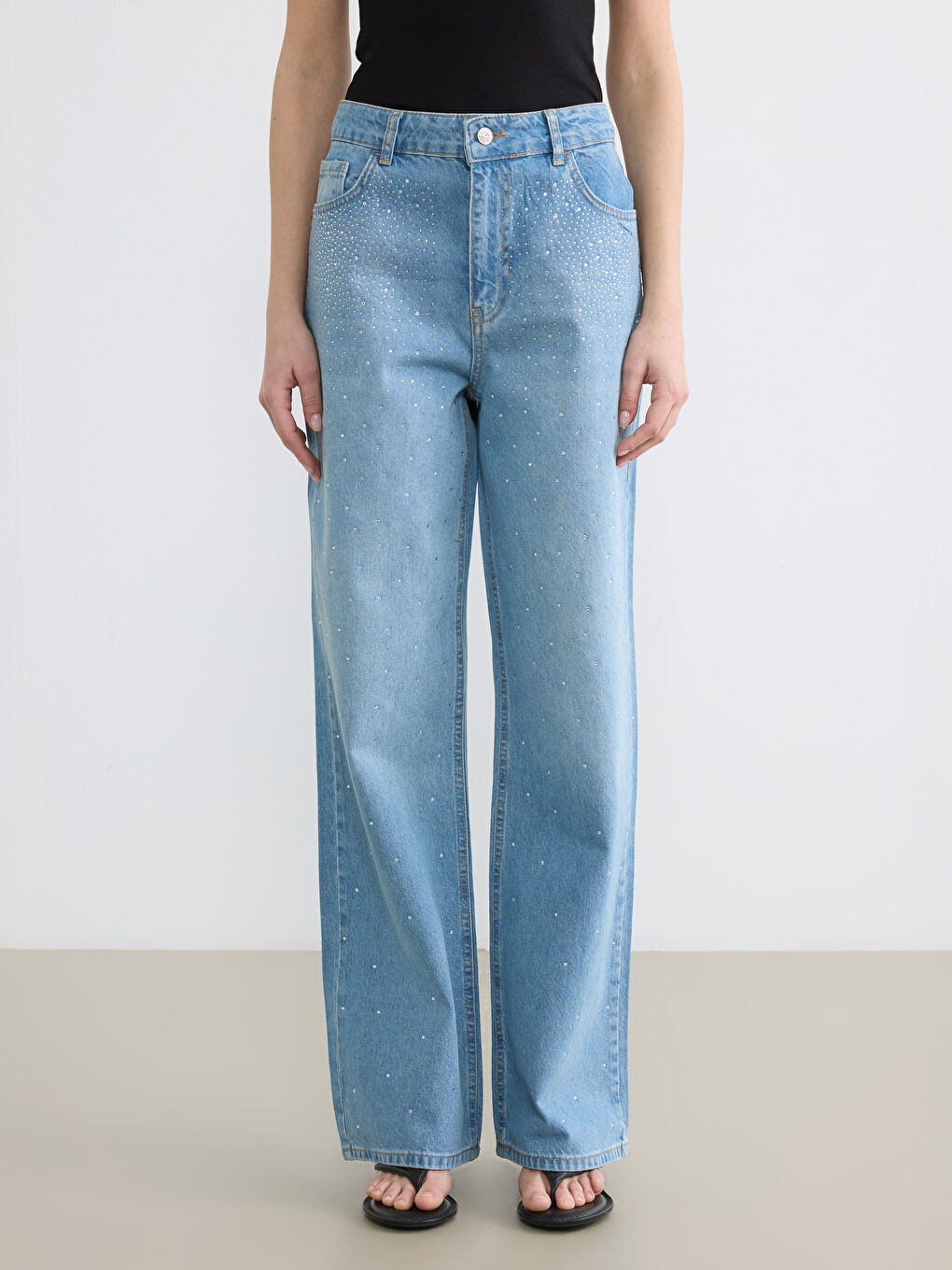 İndigo Wideleg Taşlı Kadın Jean Pantolon-2