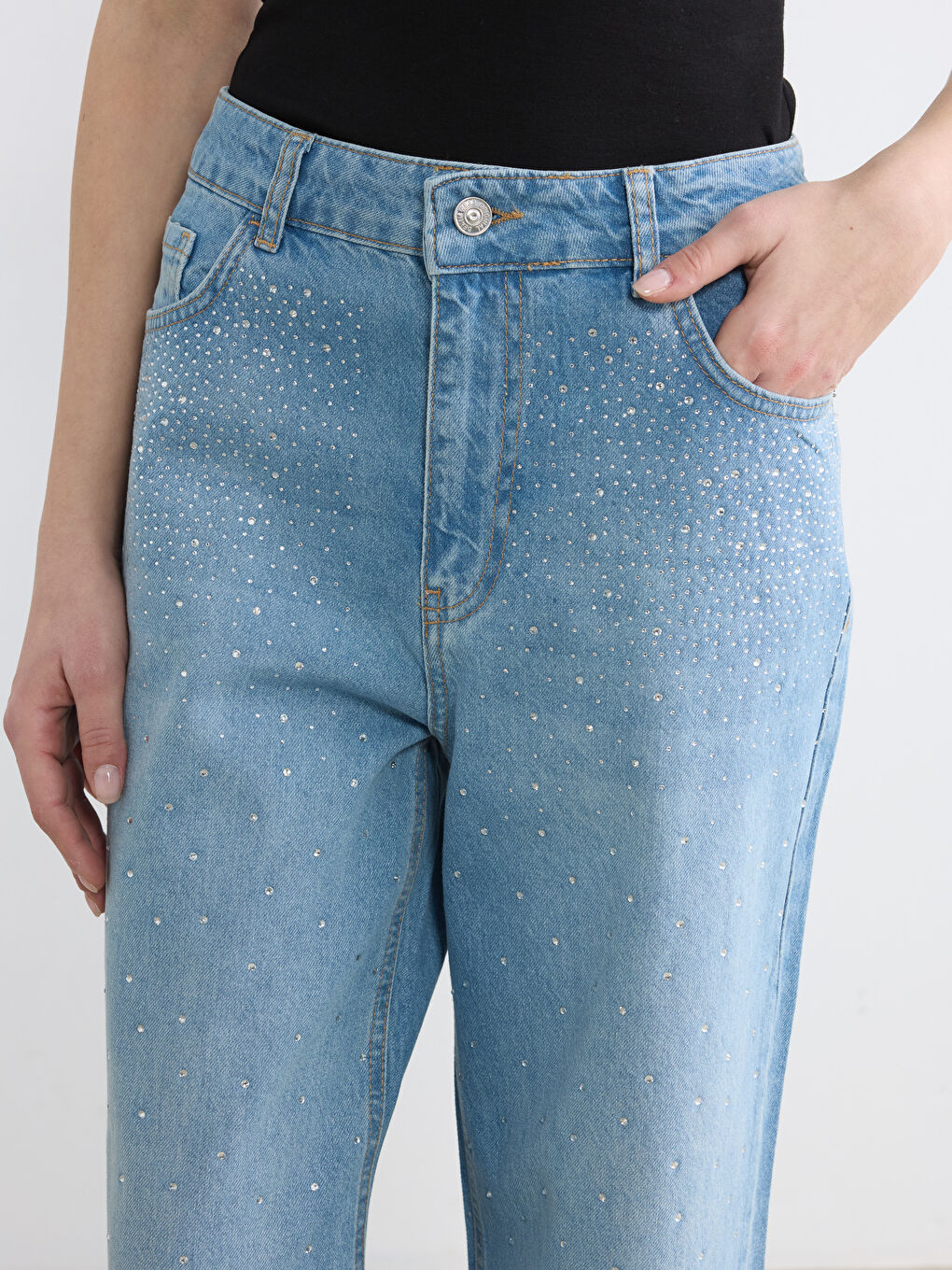 İndigo Wideleg Taşlı Kadın Jean Pantolon-4