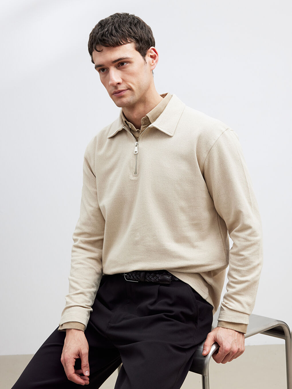 Bej Polo Yaka Erkek Sweatshirt