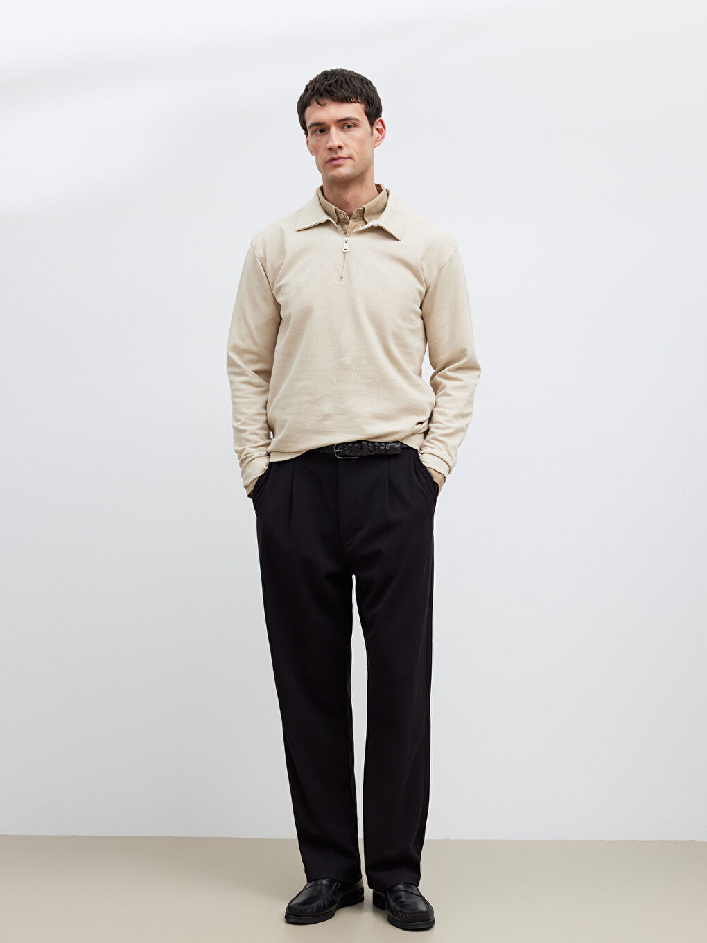 Bej Polo Yaka Erkek Sweatshirt-1