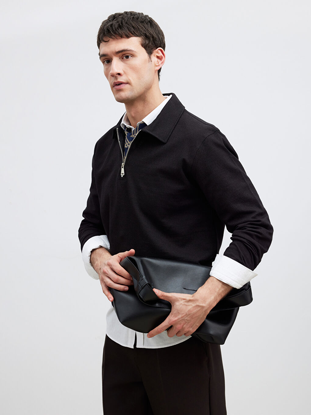 Siyah Polo Yaka Erkek Sweatshirt