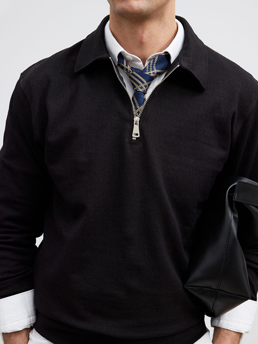 Siyah Polo Yaka Erkek Sweatshirt-2