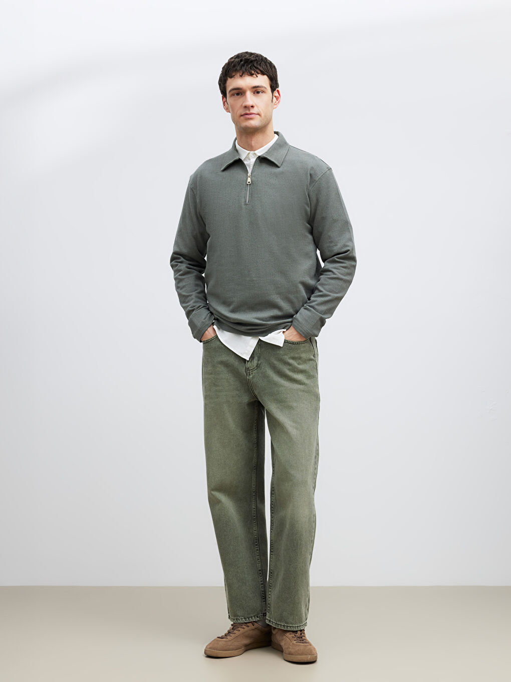 Yeşil Polo Yaka Erkek Sweatshirt-1