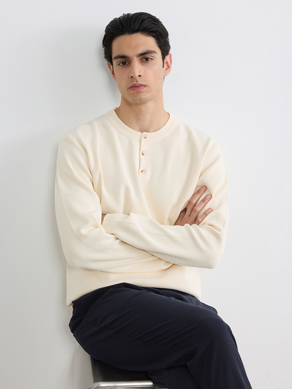 Ekru Bisiklet Yaka Erkek Triko Kazak