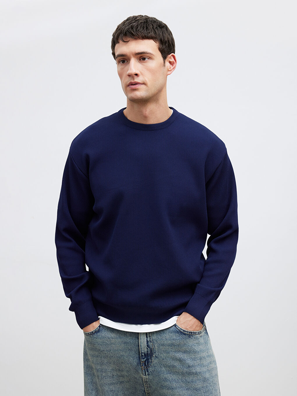 Lacivert Bisiklet Yaka Fitilli Erkek Triko Kazak