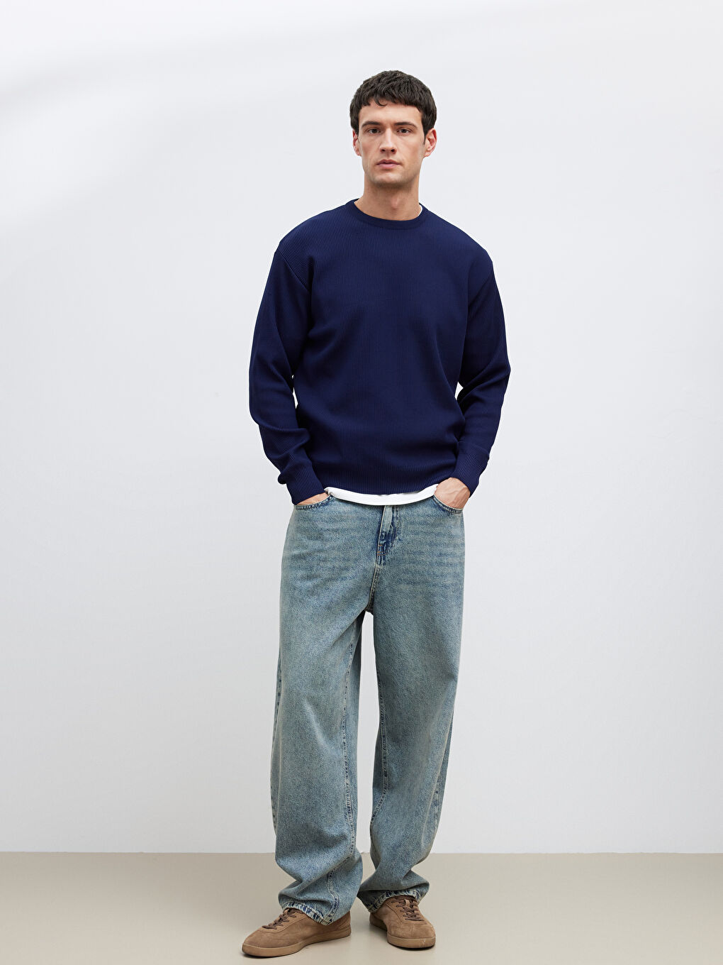 Lacivert Bisiklet Yaka Fitilli Erkek Triko Kazak-1