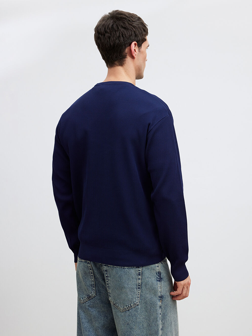 Lacivert Bisiklet Yaka Fitilli Erkek Triko Kazak-3