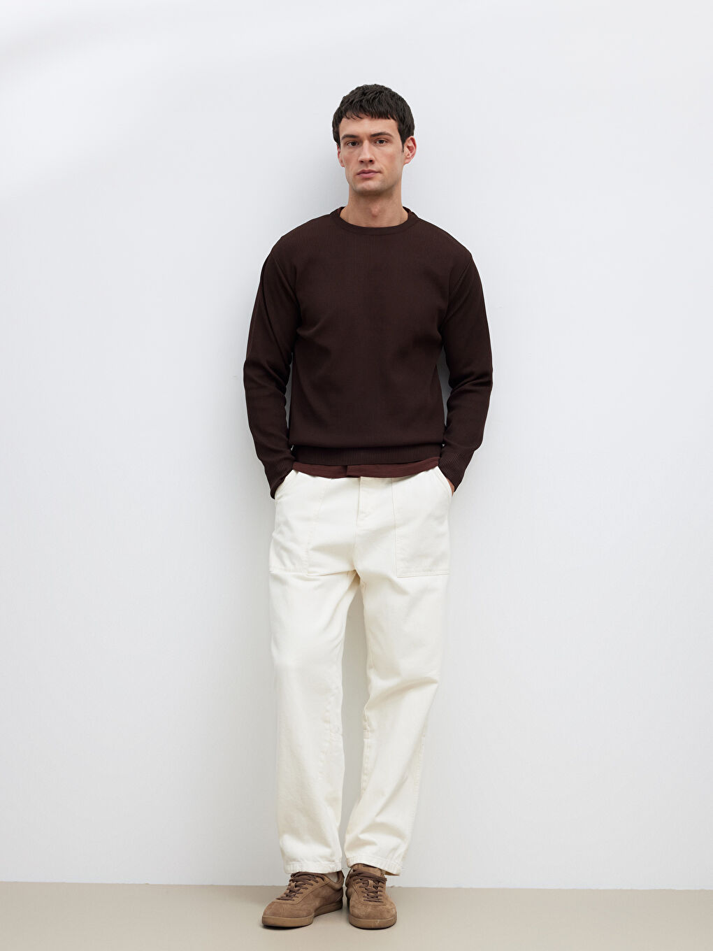 Kahverengi Bisiklet Yaka Fitilli Erkek Triko Kazak-1