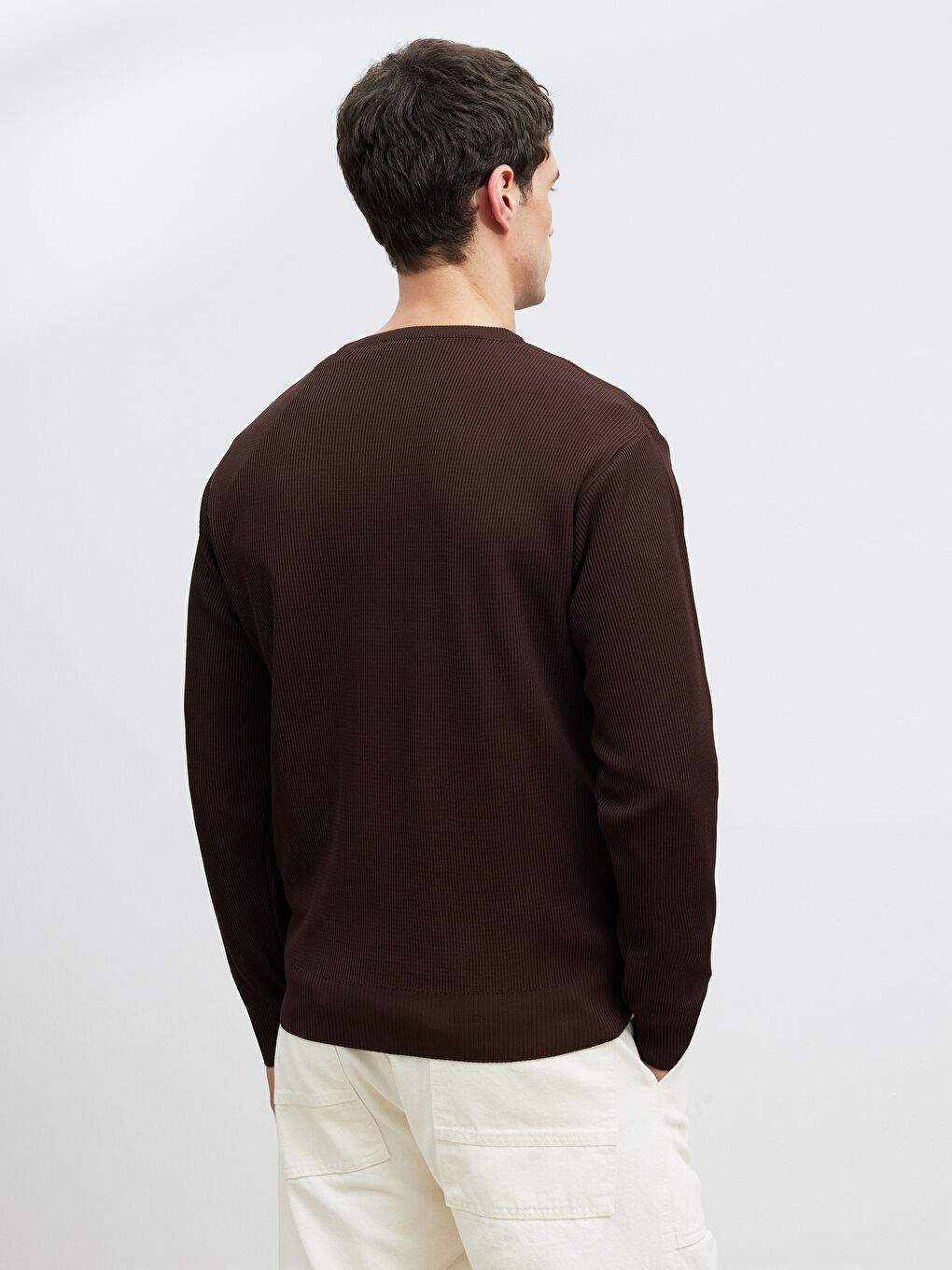 Kahverengi Bisiklet Yaka Fitilli Erkek Triko Kazak-3