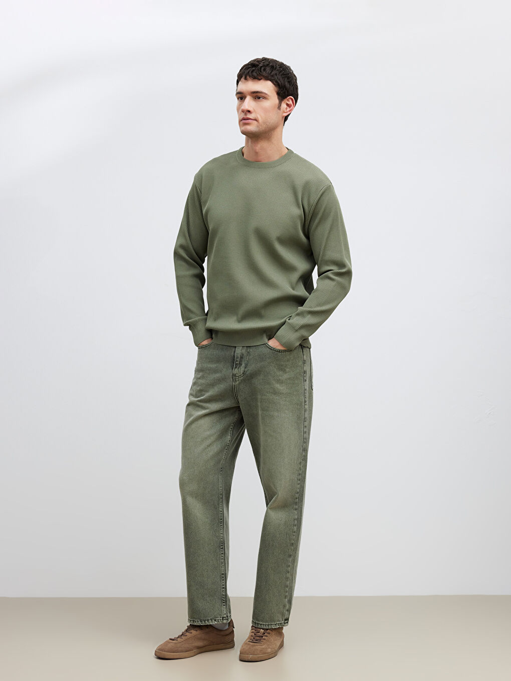 Haki Bisiklet Yaka Fitilli Erkek Triko Kazak-1