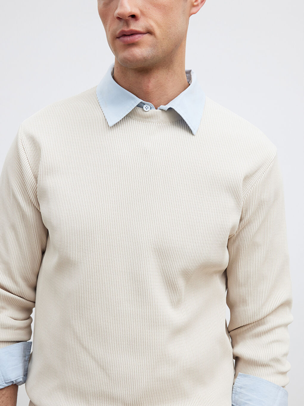 Bej Bisiklet Yaka Fitilli Erkek Triko Kazak-2