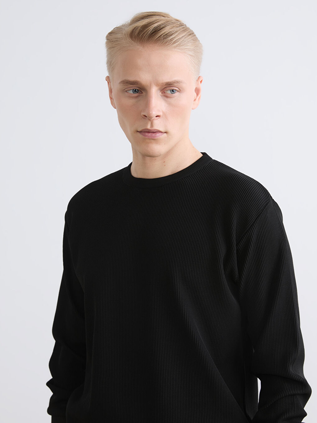 Siyah Bisiklet Yaka Fitilli Erkek Triko Kazak-2