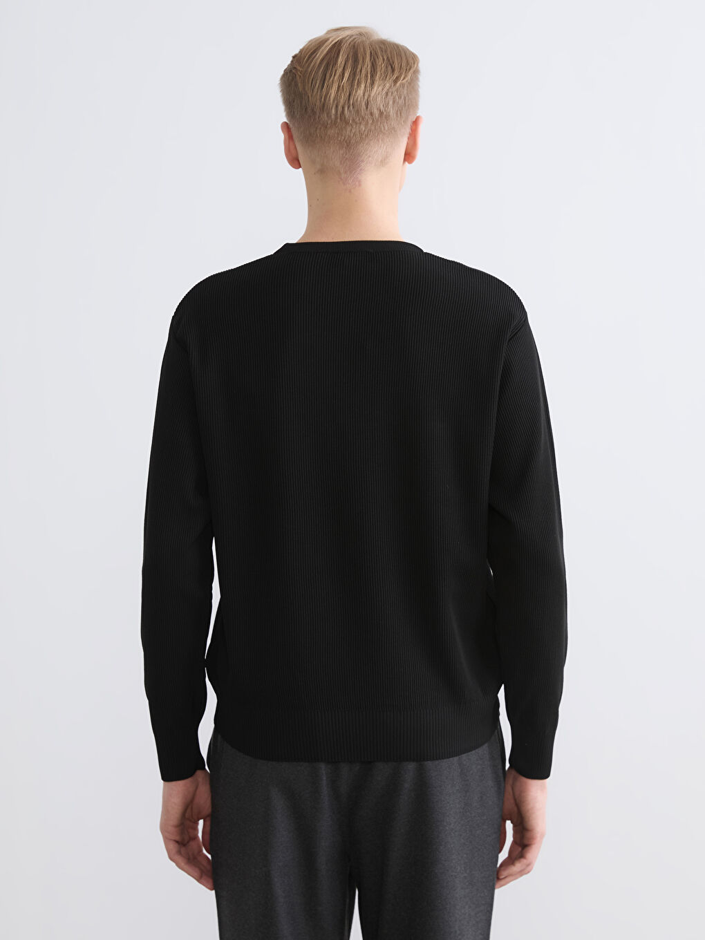 Siyah Bisiklet Yaka Fitilli Erkek Triko Kazak-3