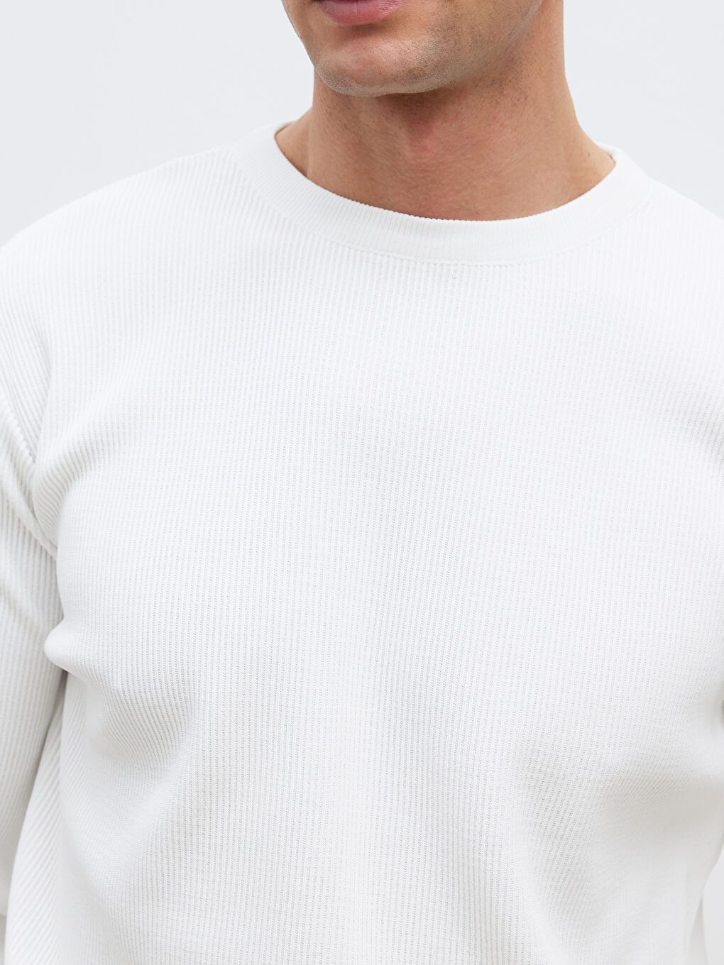 Beyaz Bisiklet Yaka Fitilli Erkek Triko Kazak-2