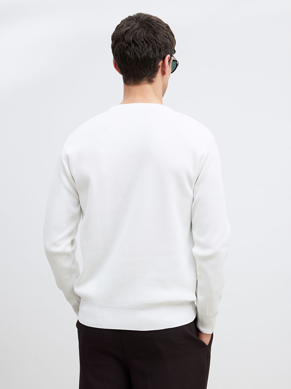 Beyaz Bisiklet Yaka Fitilli Erkek Triko Kazak-3