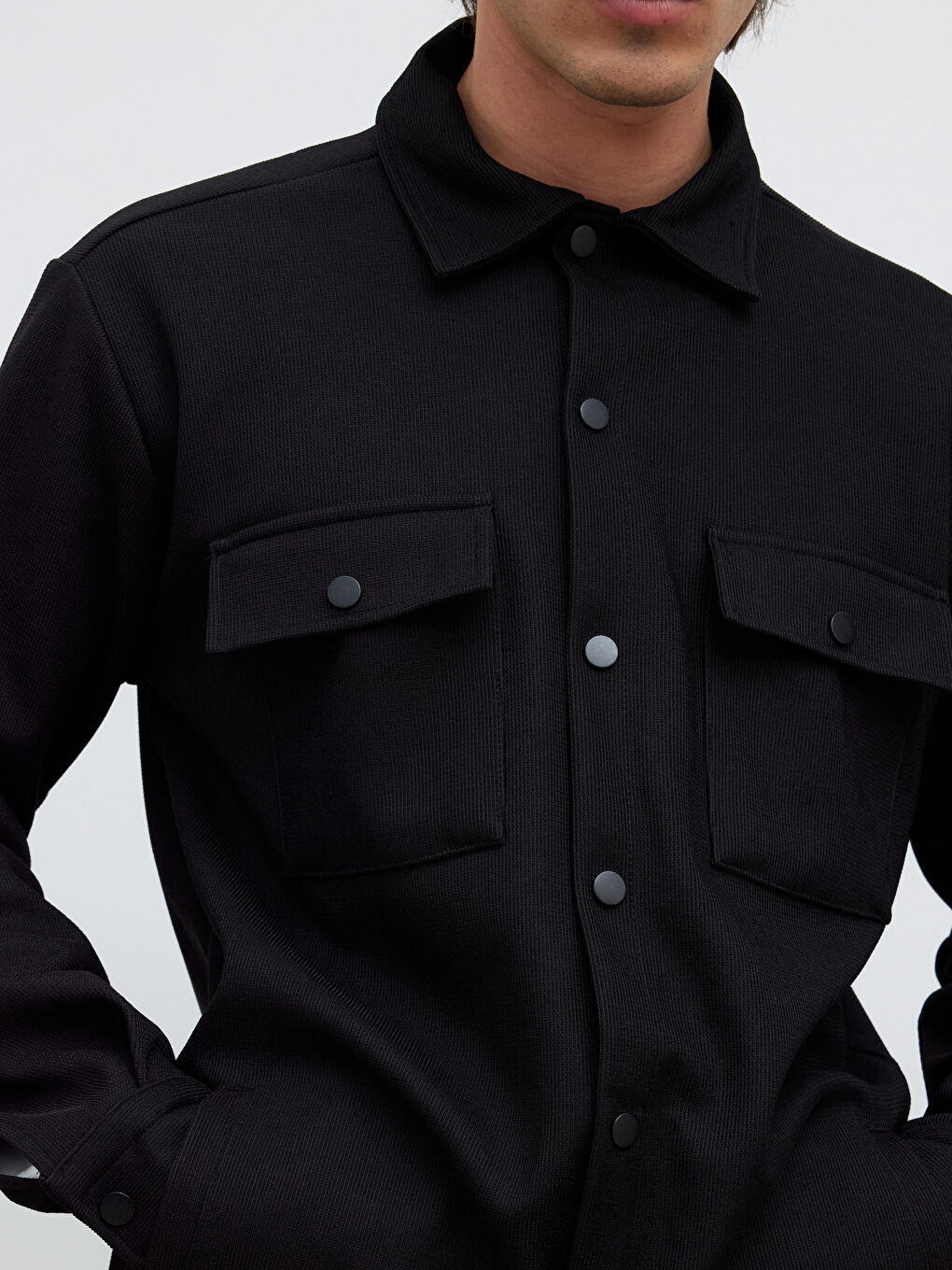 Siyah Regular Fit Erkek Dokulu Gömlek Ceket-2
