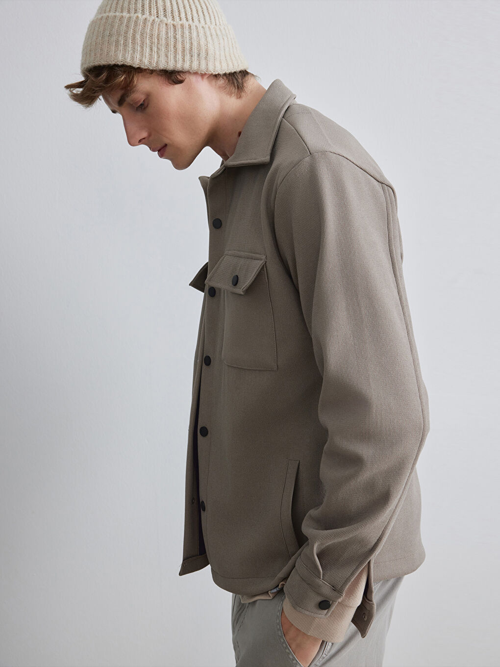 Bej Regular Fit Erkek Dokulu Gömlek Ceket