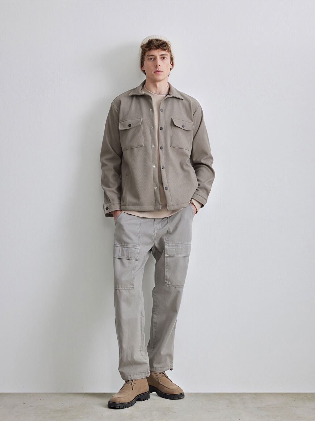 Bej Regular Fit Erkek Dokulu Gömlek Ceket-1