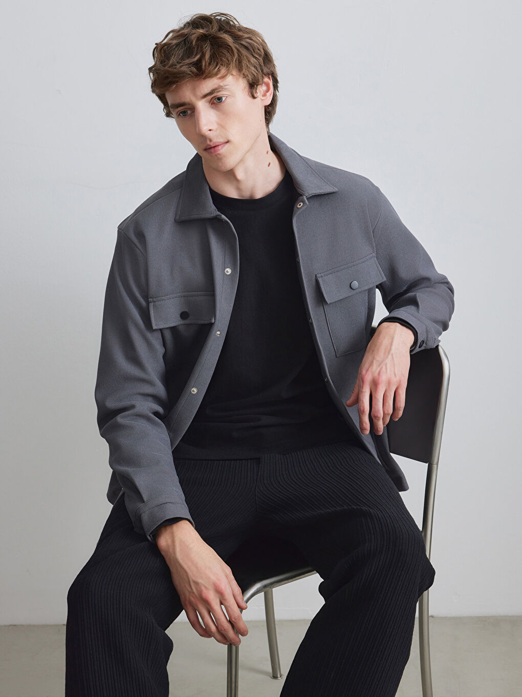 Gri Regular Fit Erkek Dokulu Gömlek Ceket