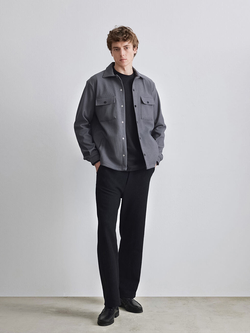 Gri Regular Fit Erkek Dokulu Gömlek Ceket-1