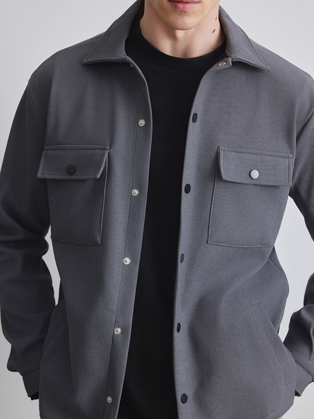 Gri Regular Fit Erkek Dokulu Gömlek Ceket-2