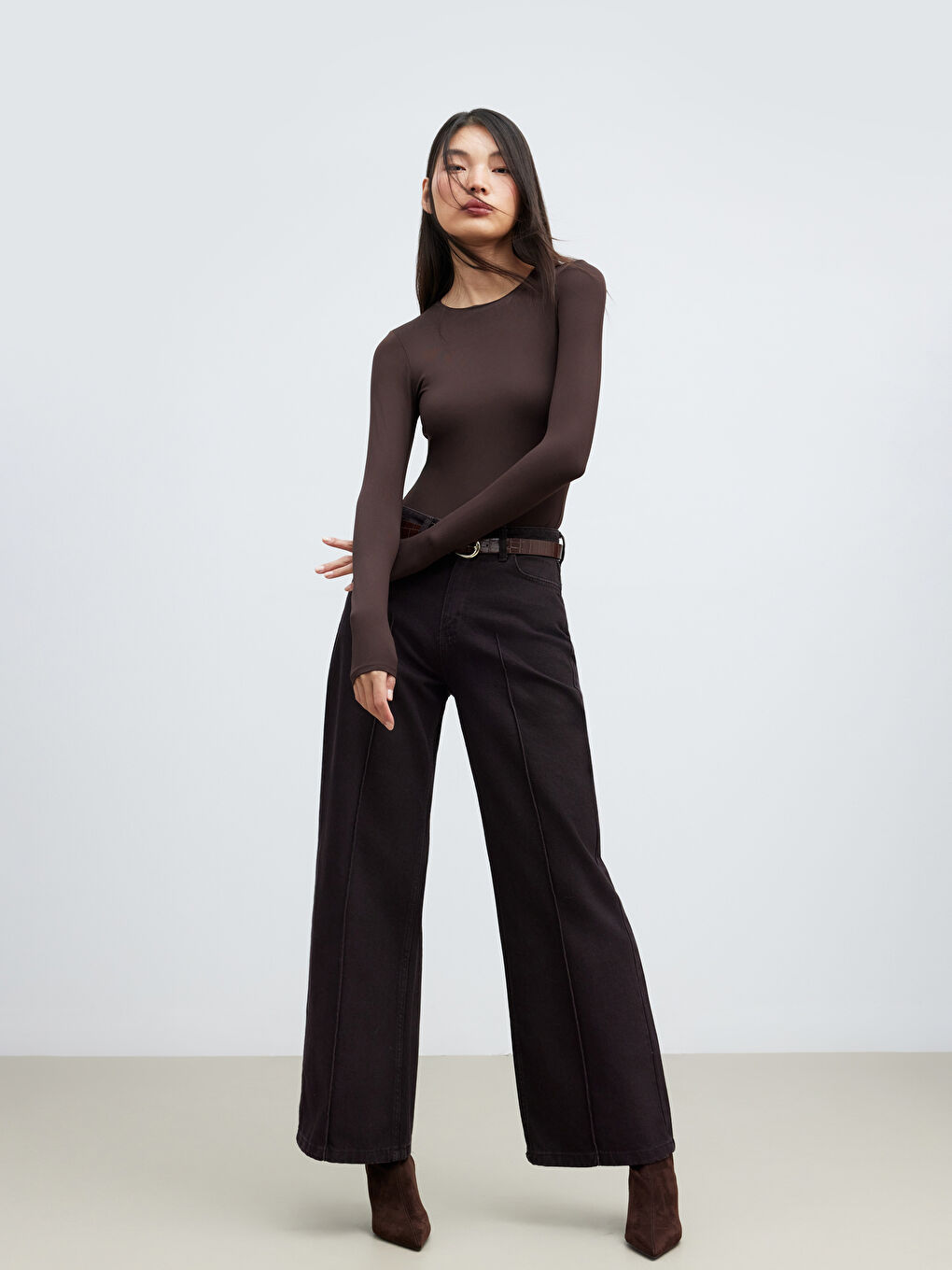 Kahverengi Beli Kemerli Wideleg Kadın Jean Pantolon