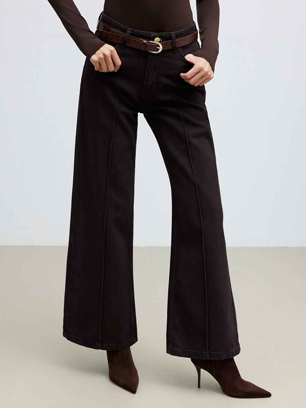 Kahverengi Beli Kemerli Wideleg Kadın Jean Pantolon-1