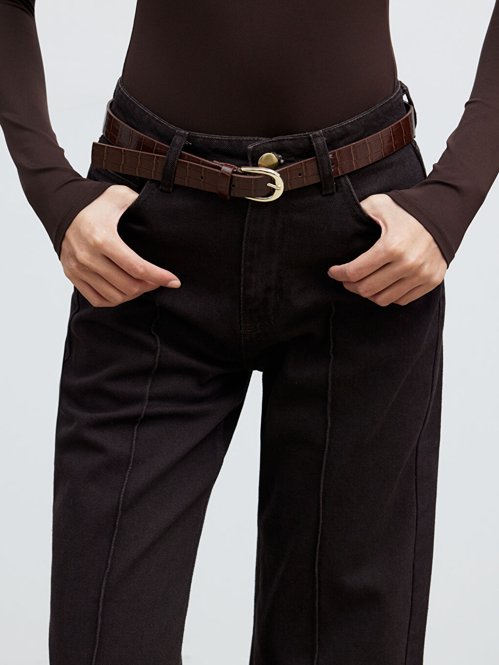 Kahverengi Beli Kemerli Wideleg Kadın Jean Pantolon-2