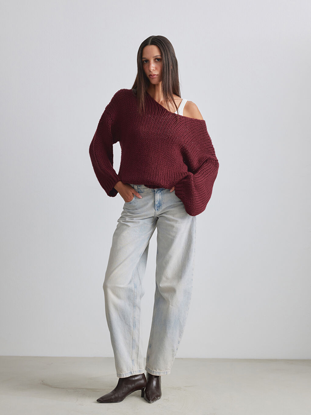 Bordo Kayık Yaka Yün Karışımlı Kadın Triko Kazak-1