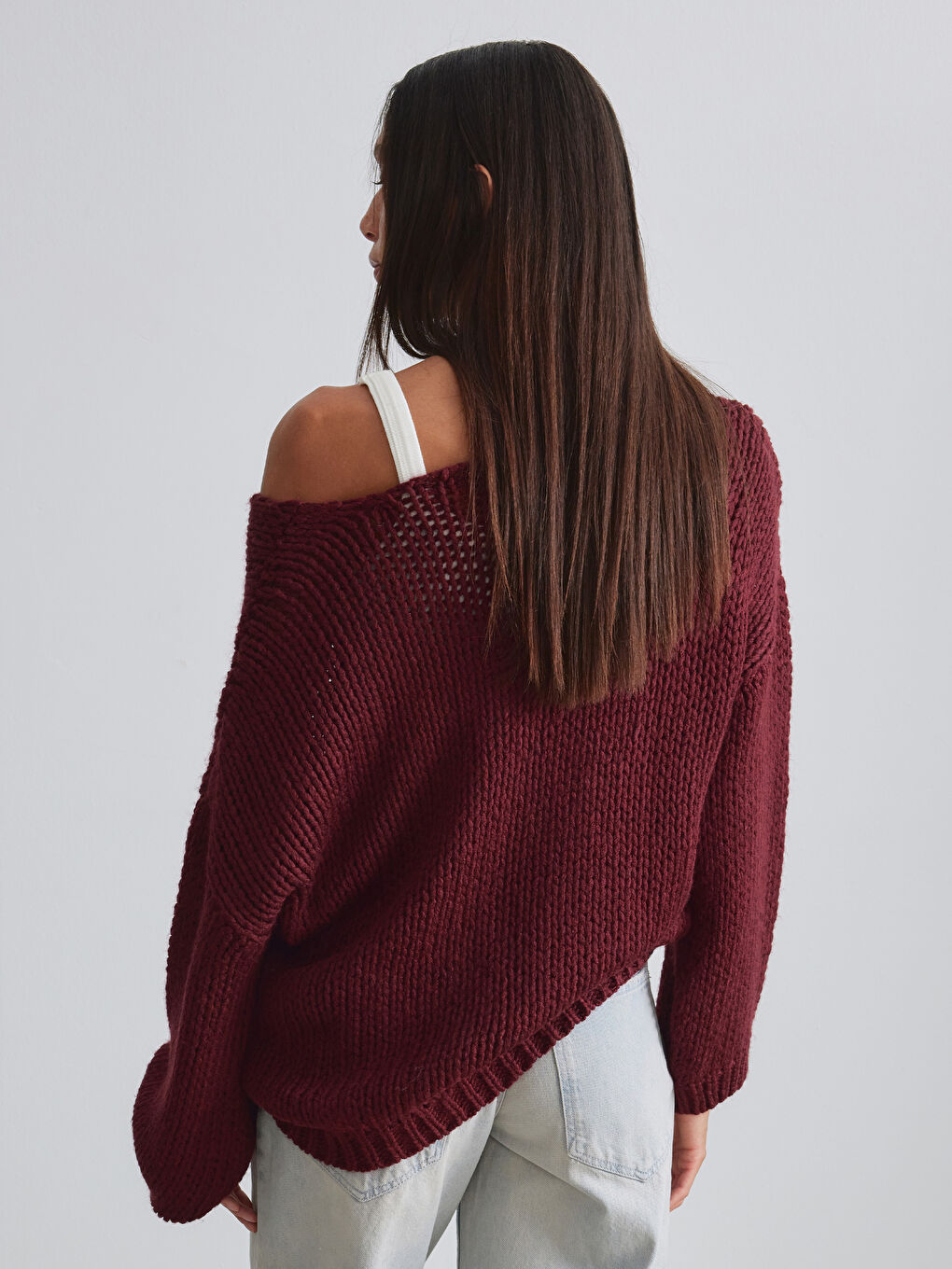 Bordo Kayık Yaka Yün Karışımlı Kadın Triko Kazak-2