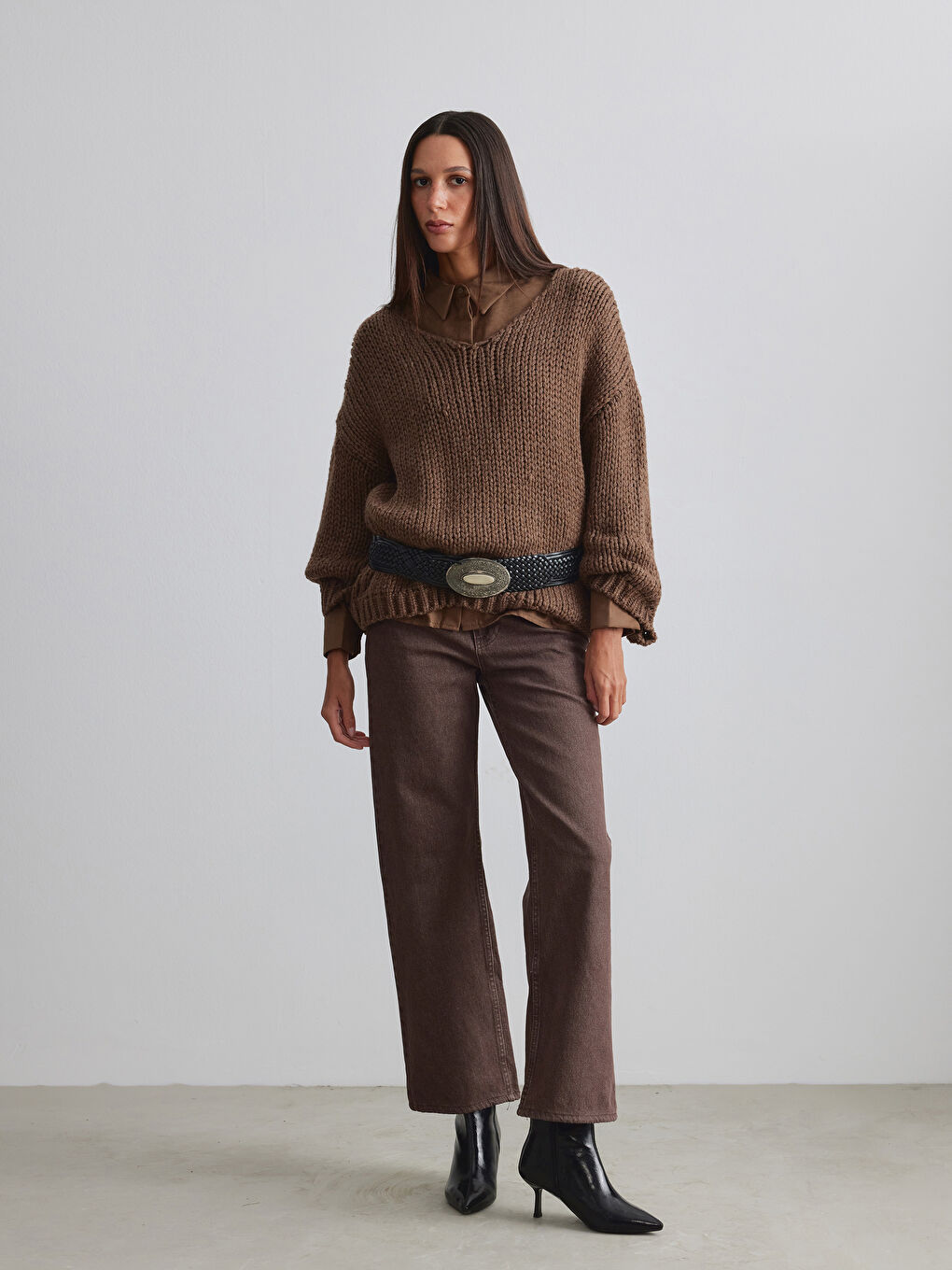 Kahverengi Kayık Yaka Yün Karışımlı Kadın Triko Kazak-1