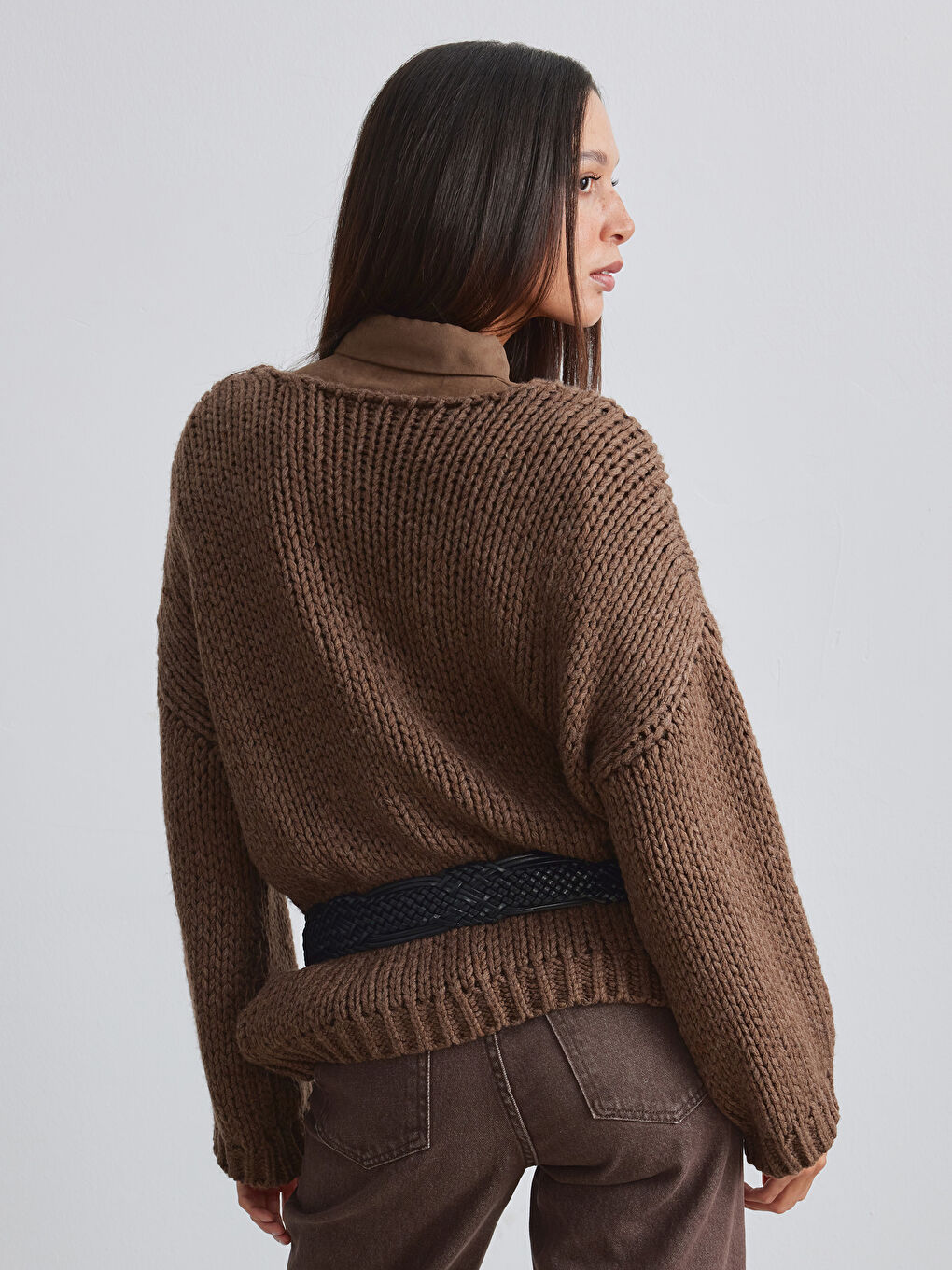 Kahverengi Kayık Yaka Yün Karışımlı Kadın Triko Kazak-3
