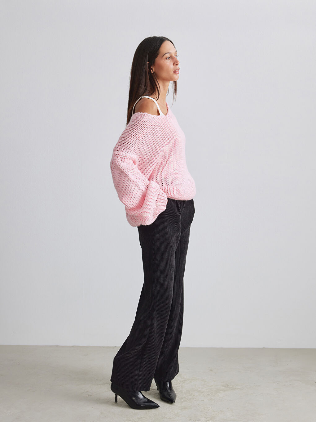 Pembe Kayık Yaka Yün Karışımlı Kadın Triko Kazak-1