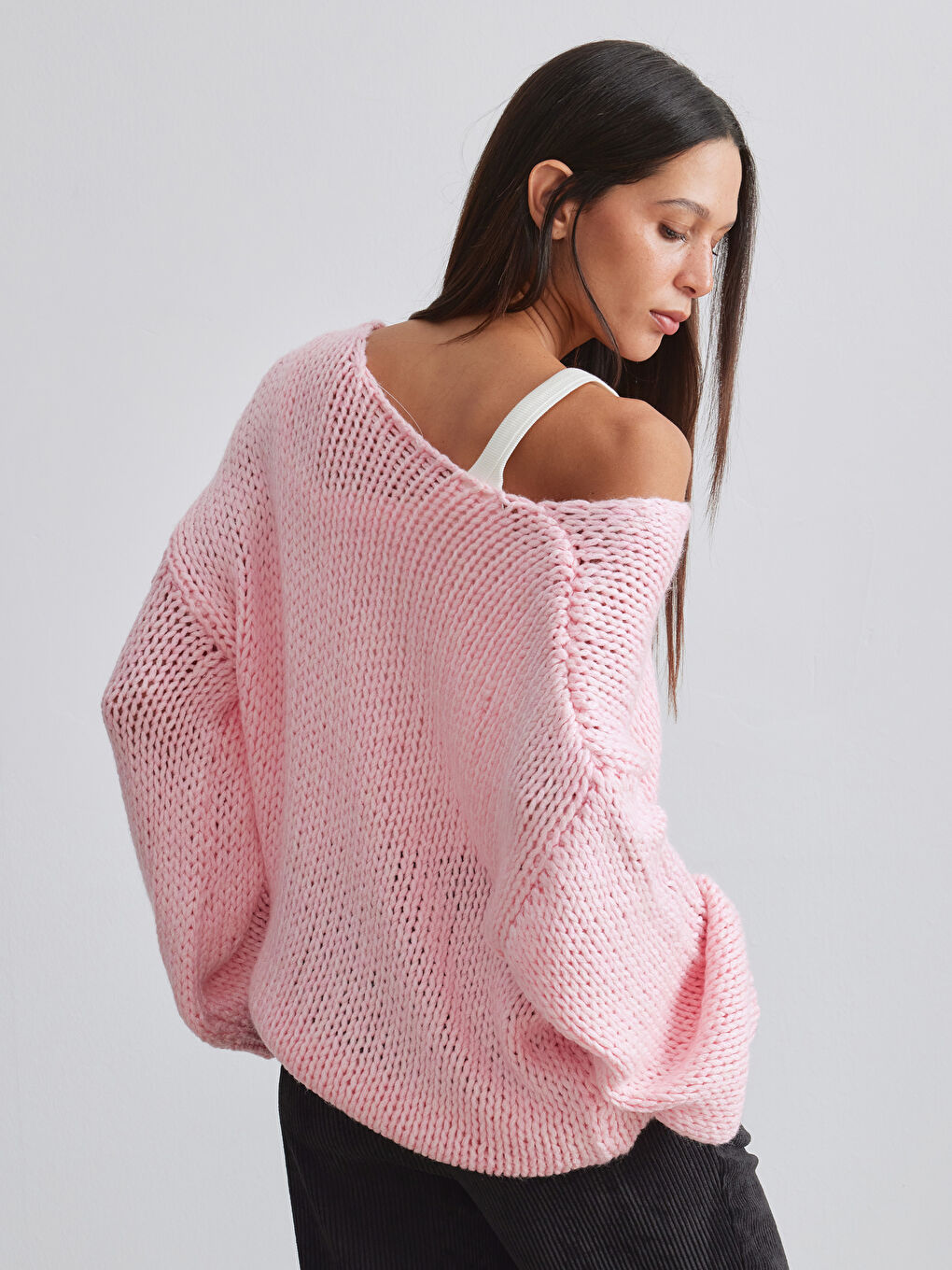 Pembe Kayık Yaka Yün Karışımlı Kadın Triko Kazak-3