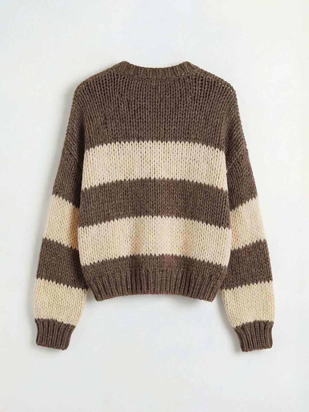 Kahverengi Çizgili Crop Yün Karışımlı Kadın Triko Kazak-5