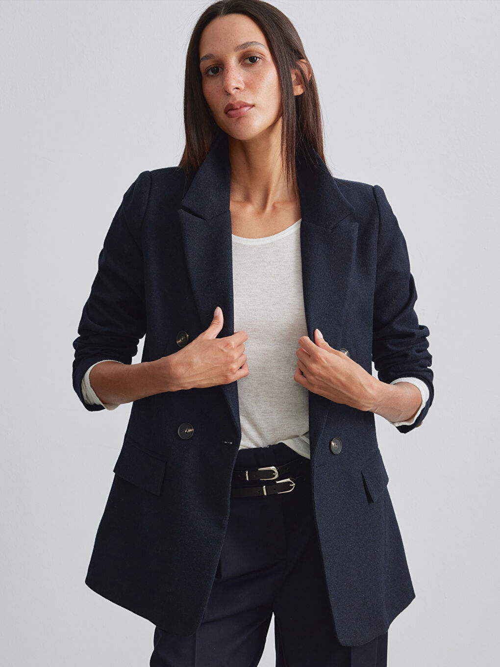 Lacivert Regular Fit Kadın Kaşe Blazer Ceket
