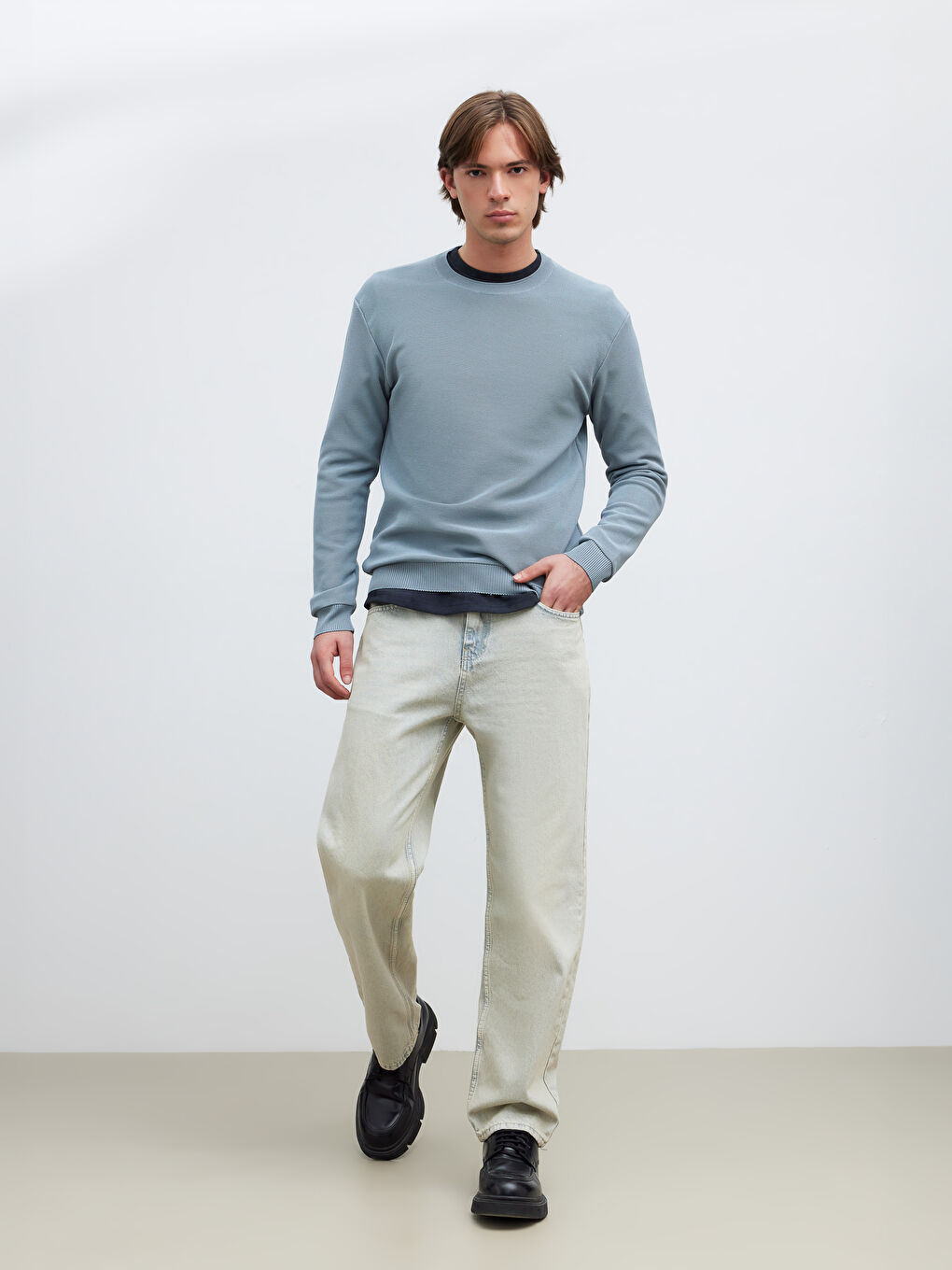 İndigo Bisiklet Yaka Erkek Triko Kazak-1