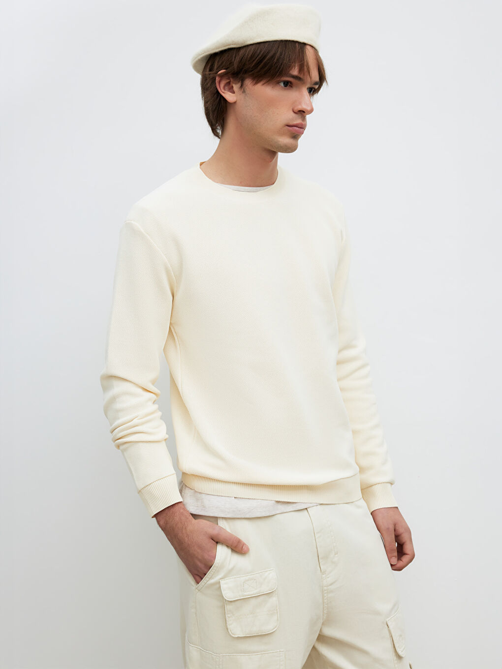 Ekru Bisiklet Yaka Erkek Triko Kazak