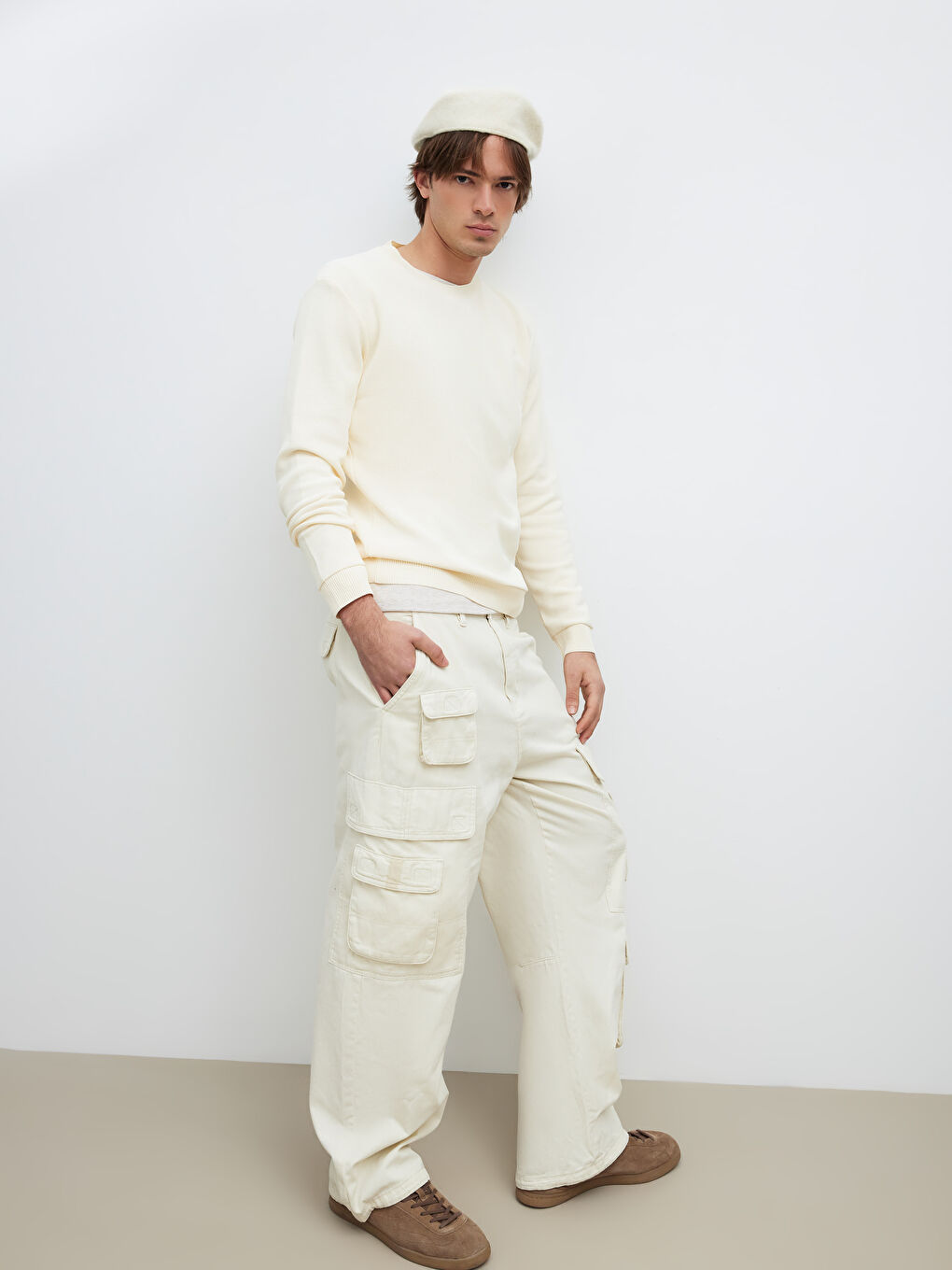 Ekru Bisiklet Yaka Erkek Triko Kazak-1