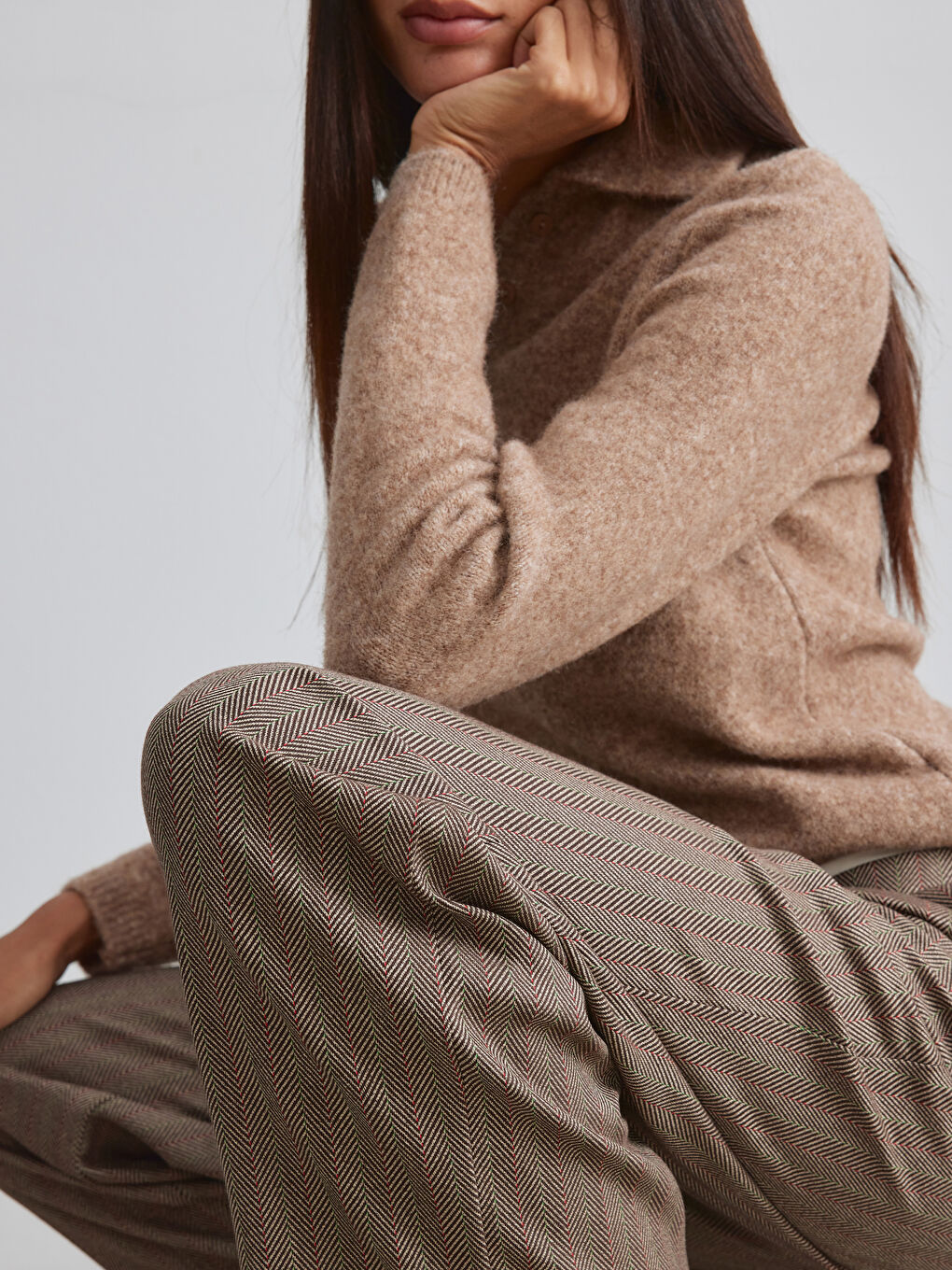 Kahverengi Beli Lastikli Balıksırtı Desenli Kadın Pantolon-2