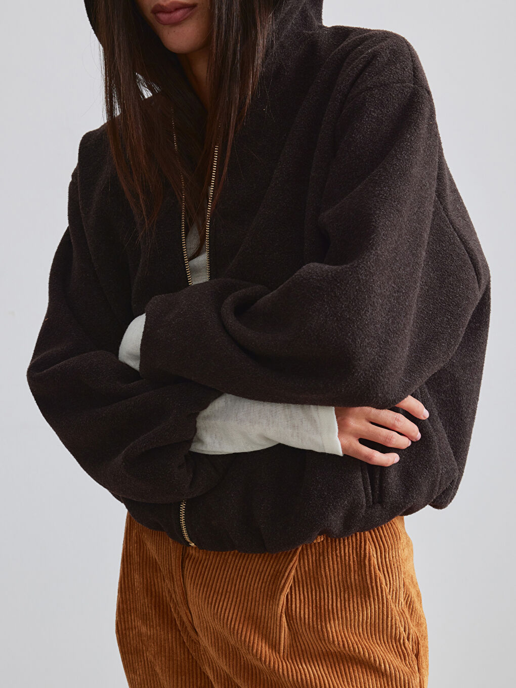 Kahverengi Kapüşonlu Kadın Kaşe Ceket-2