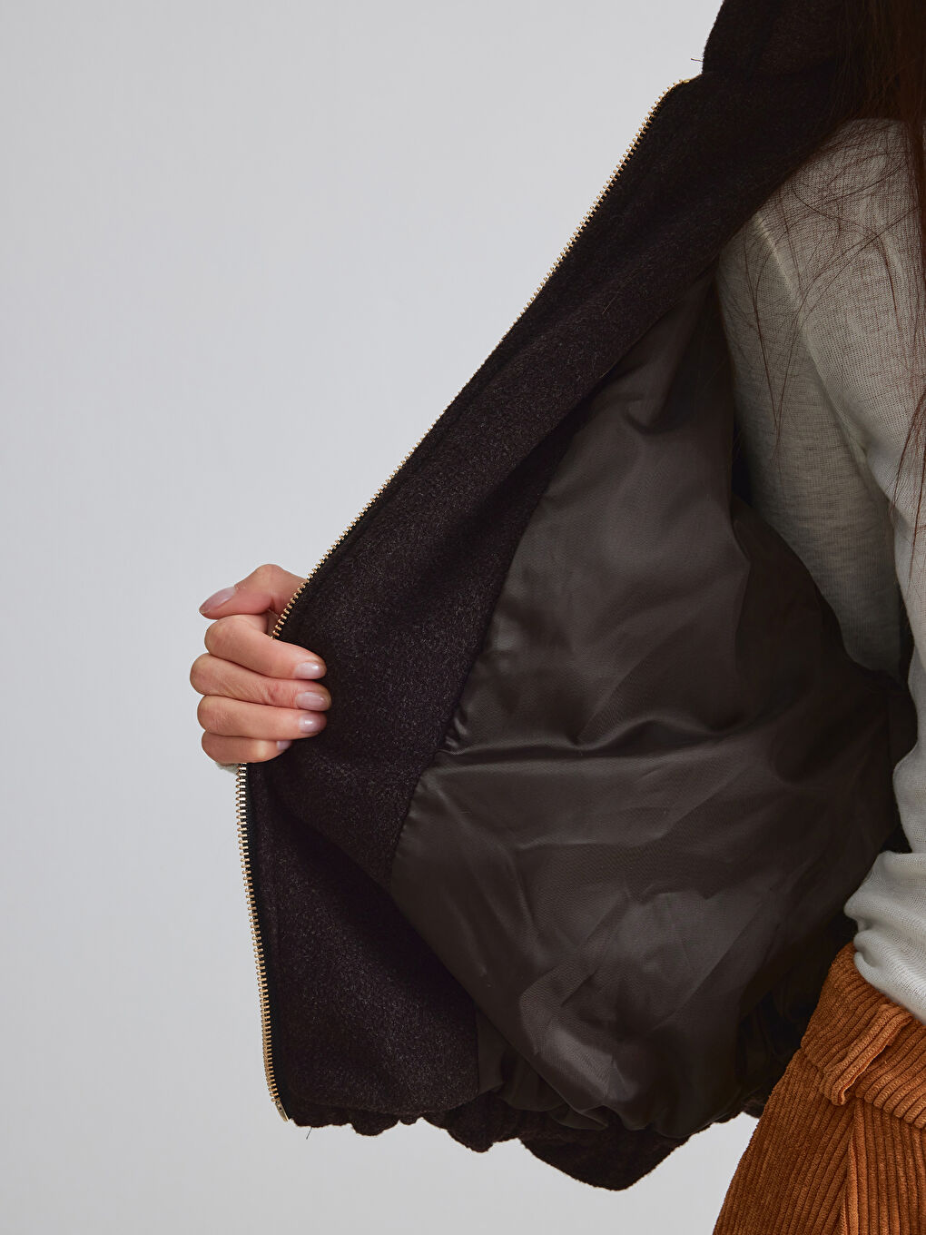 Kahverengi Kapüşonlu Kadın Kaşe Ceket-3