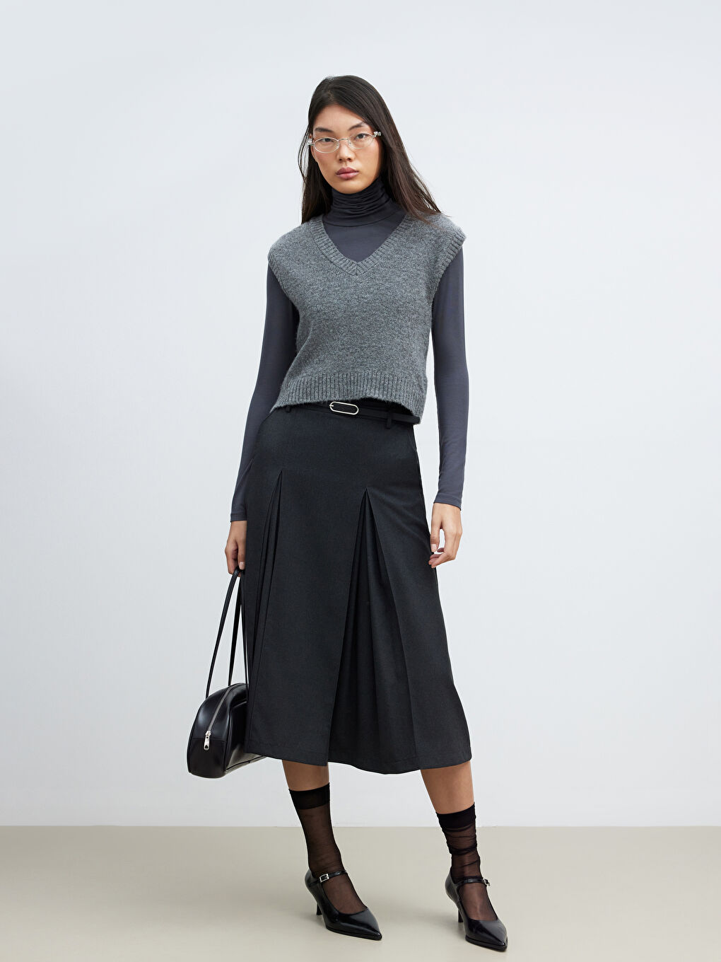 Antrasit Beli Kemerli Pileli Etek