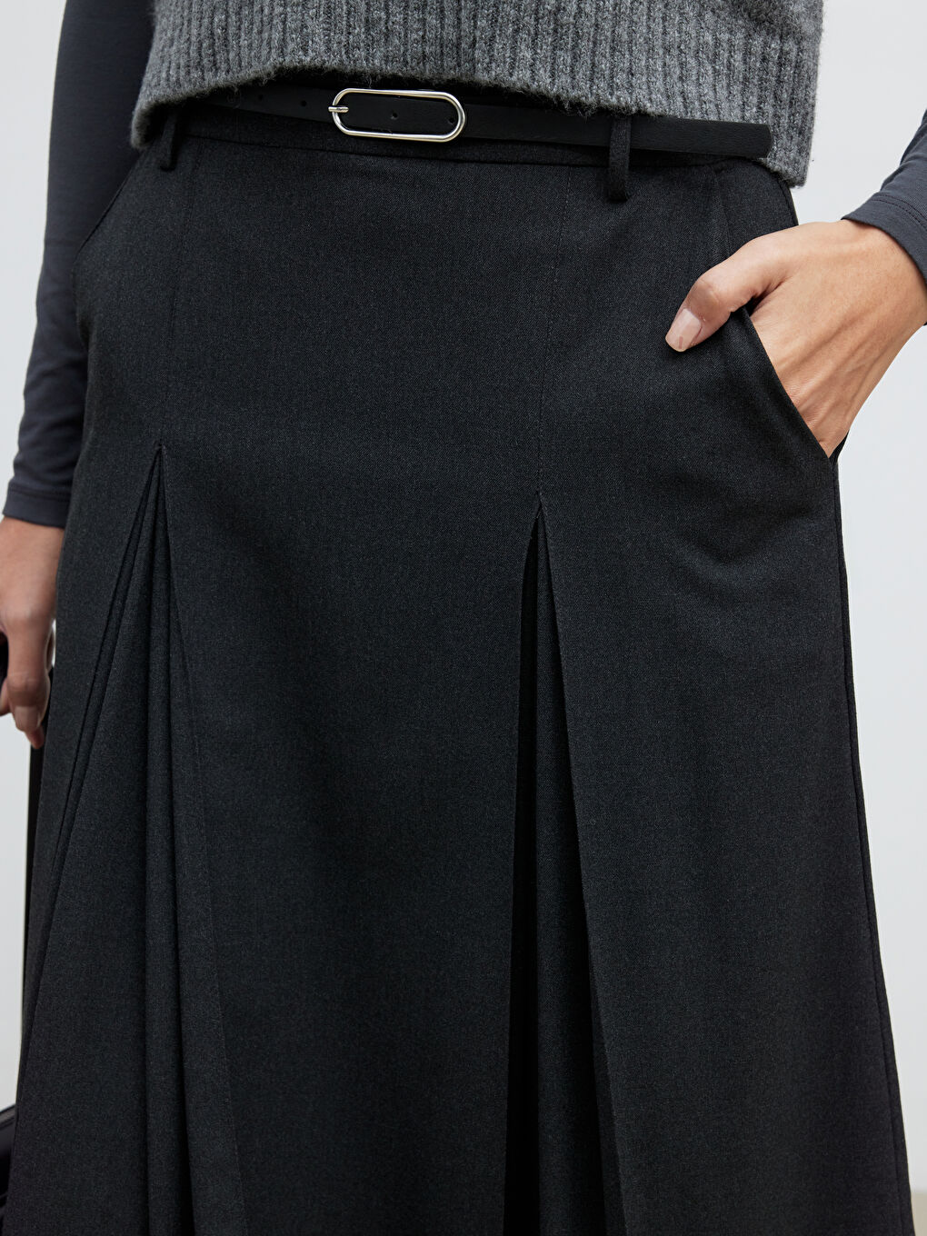 Antrasit Beli Kemerli Pileli Etek-2