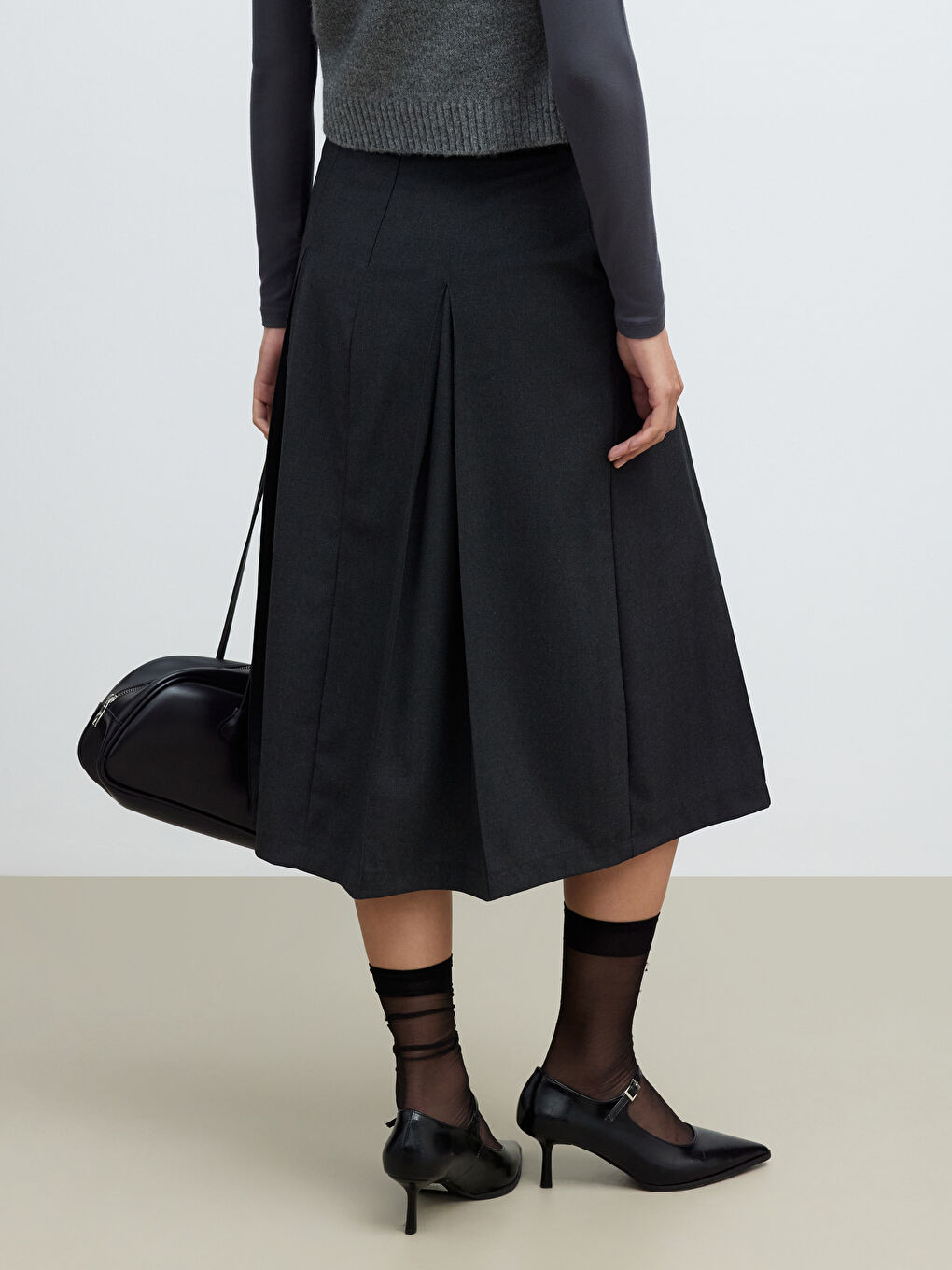 Antrasit Beli Kemerli Pileli Etek-3