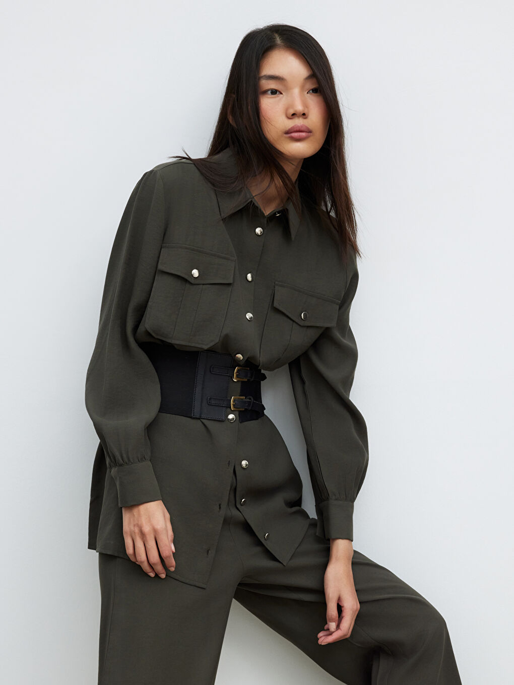 Haki Modal Karışımlı Kadın Gömlek