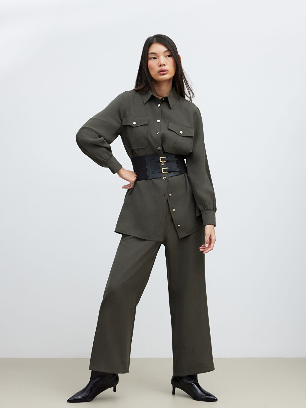 Haki Modal Karışımlı Kadın Gömlek-1