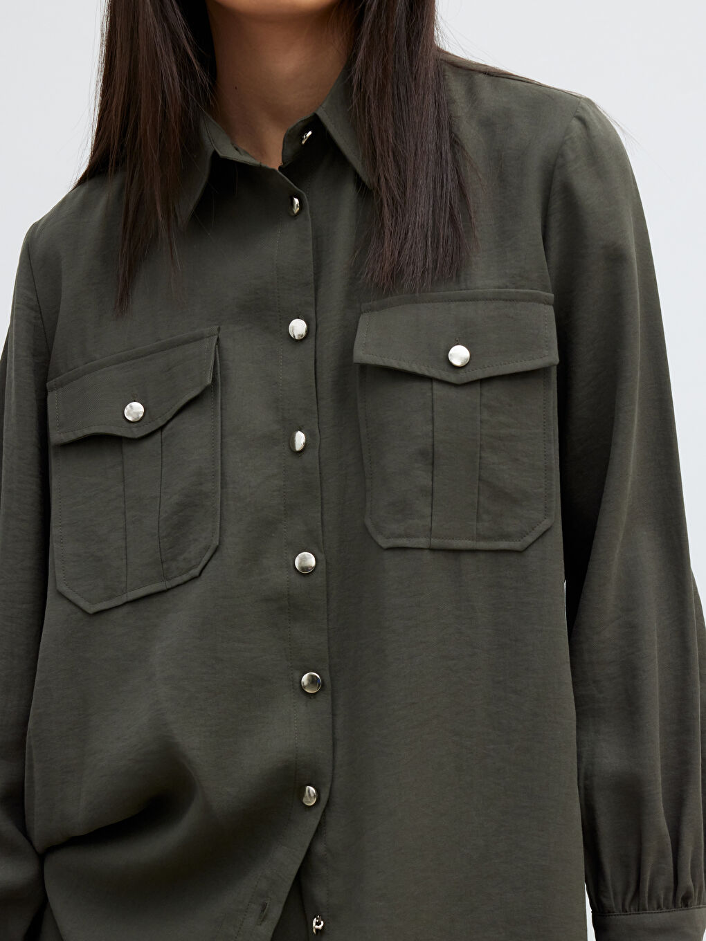 Haki Modal Karışımlı Kadın Gömlek-2